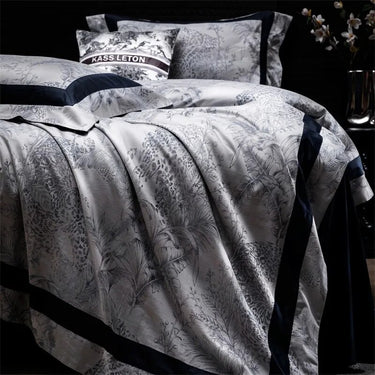 Black Grey Luxury Leopard Jungle Florets Patchwork Silky Duvet Cover Set, 1000TC Cotton Bedding Set